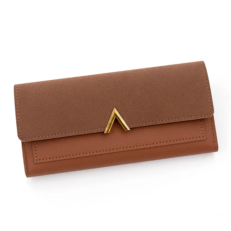 A brown tri-fold PU card holder wallet with a gold accent, shown flat.
