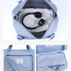 Light blue expandable travel organizer bags shown in various configurations including a main bag and front zipper bags