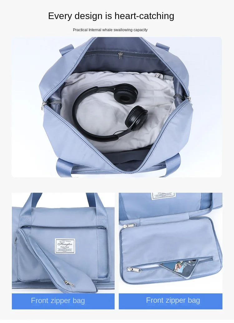 Light blue expandable travel organizer bags shown in various configurations including a main bag and front zipper bags