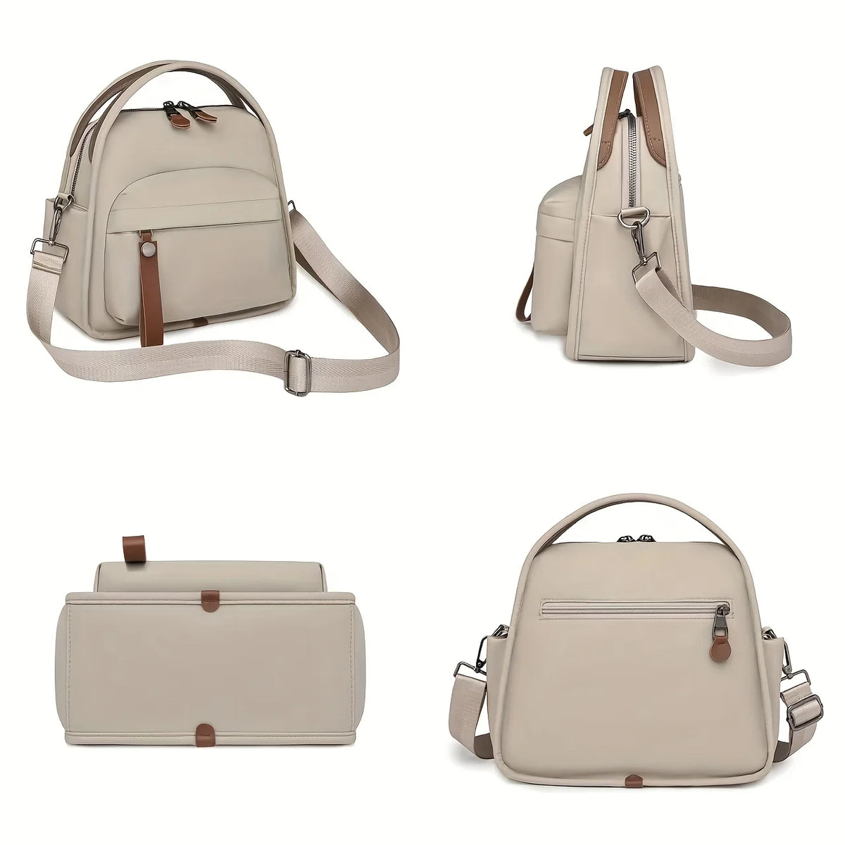 A beige multi-pocket shoulder crossbody bag shown in various angles.