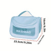 Sac de toilette transparent bleu clair et imperméable, vue de dessus avec dimensions.