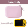 Pink durable hard shell camera travel case shown next to a yellow digital camera.