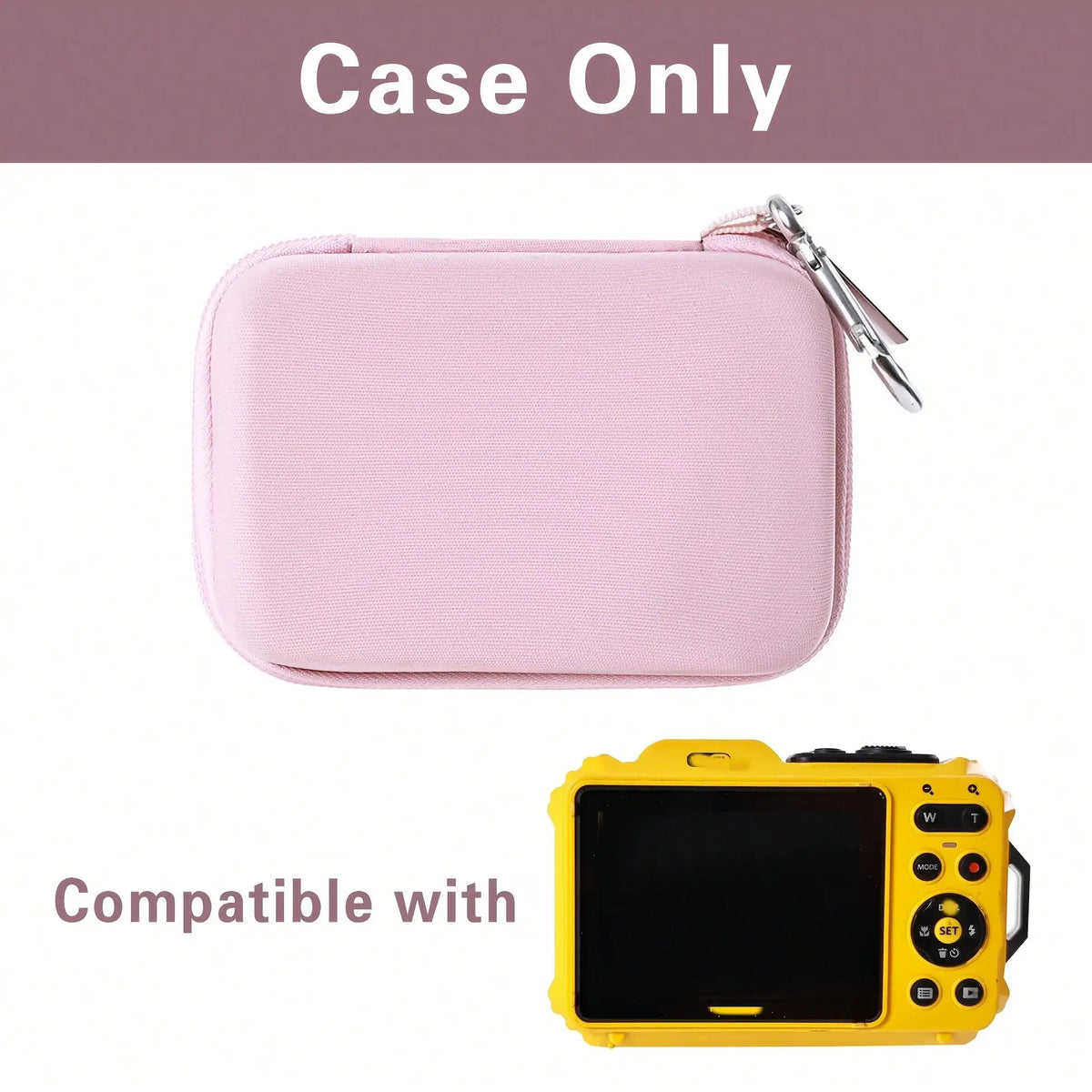 Pink durable hard shell camera travel case shown next to a yellow digital camera.