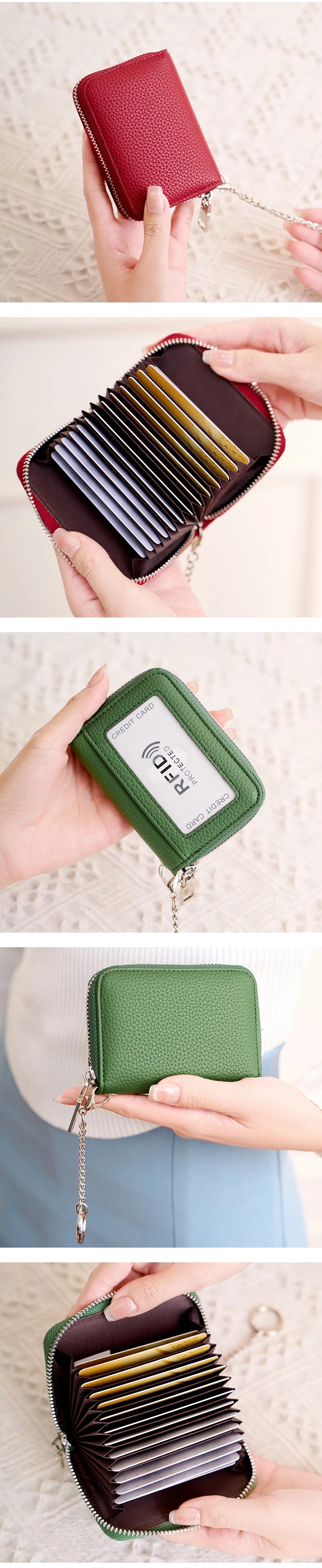 A close-up of a green RFID shielded accordion wallet with a gold chain attached, shown being held by a hand.