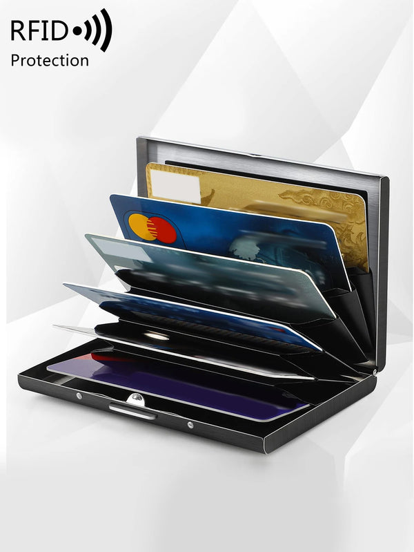 A black card holder displaying several plastic and metal ID cards, emphasizing RFID protection.