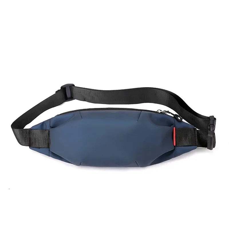 A navy blue water-resistant nylon waist bag with a black adjustable strap.