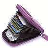 A purple card holder wallet filled with various credit cards and identification documents.