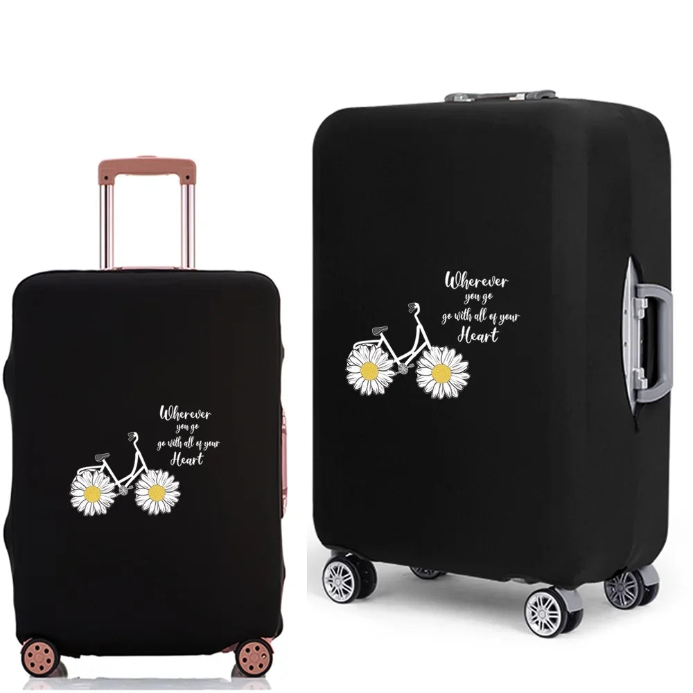 A black rolling suitcase with a dust cover featuring a white daisy design on the side.