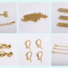 A collection of 18K gold plated jewelry chains and findings for DIY crafting, including chains, beads, and findings.