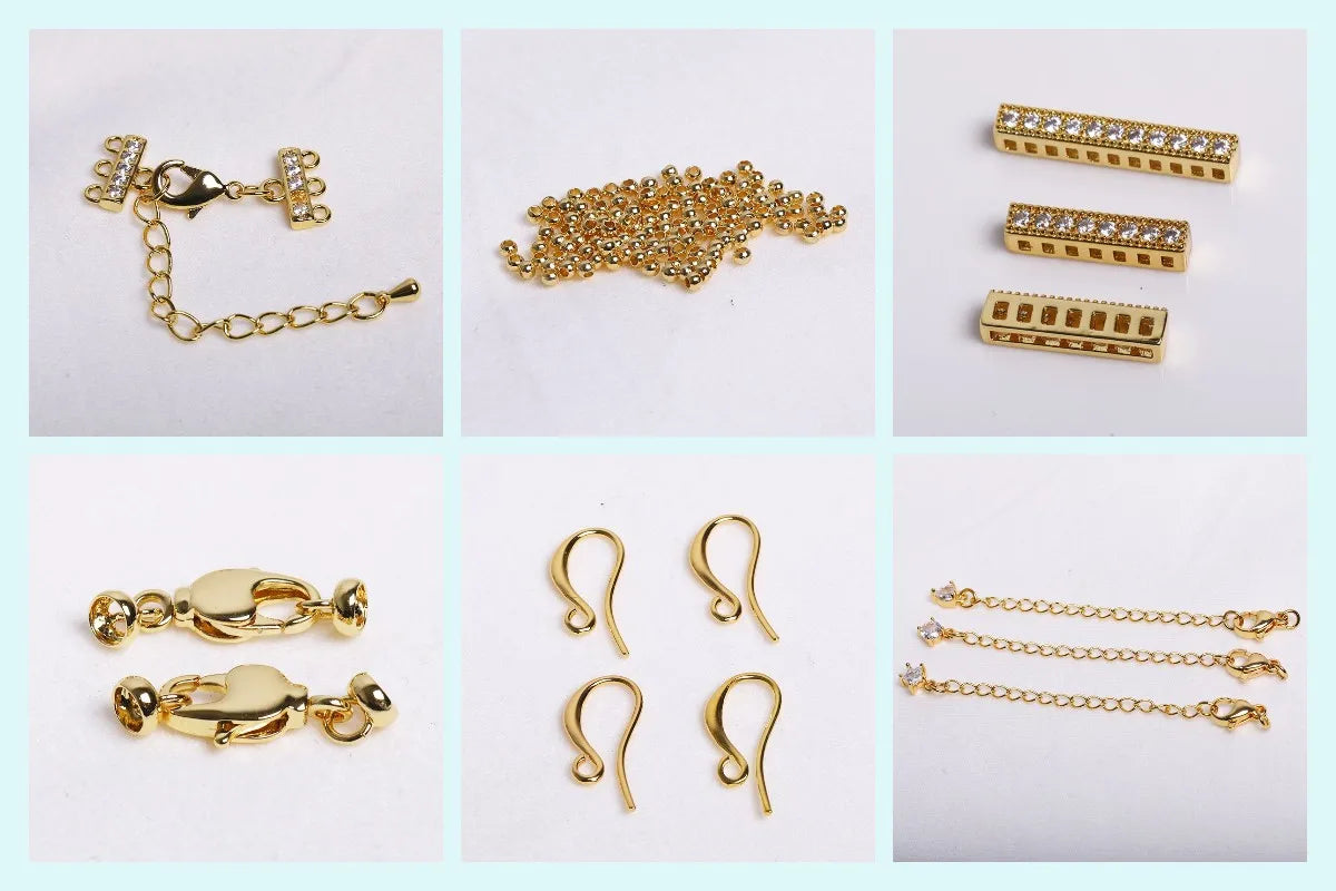 A collection of 18K gold plated jewelry chains and findings for DIY crafting, including chains, beads, and findings.
