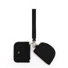 A black mini zip around wristlet wallet with a long strap is shown against a white background.
