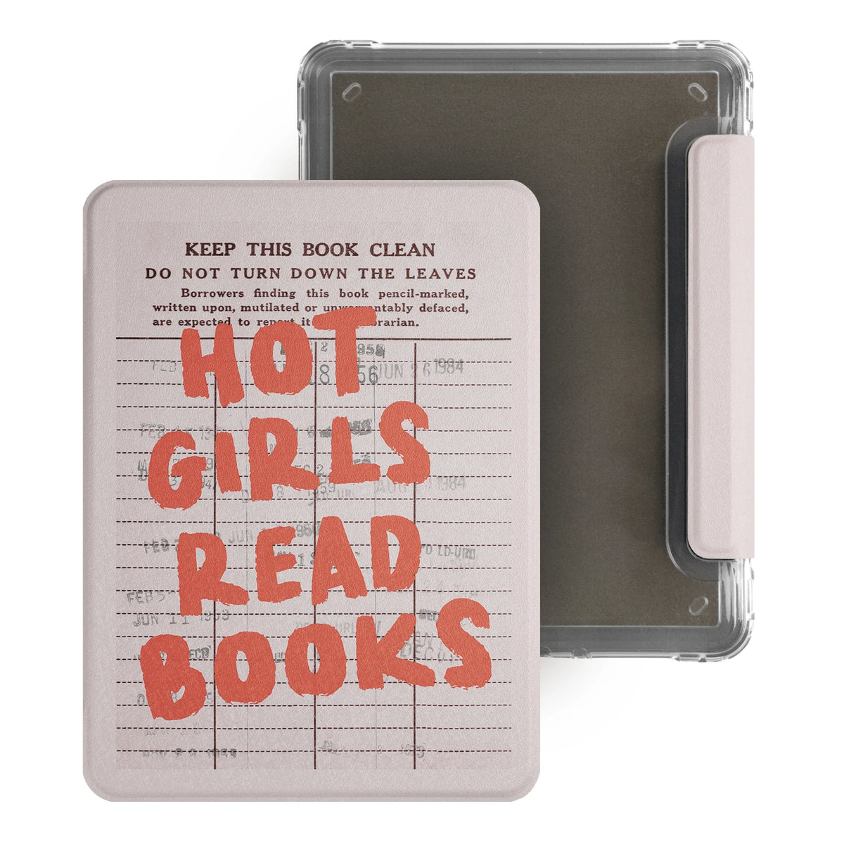 A vintage library card magnetic detachable cover for an e-reader, featuring text that reads Hot Girls Read Books.