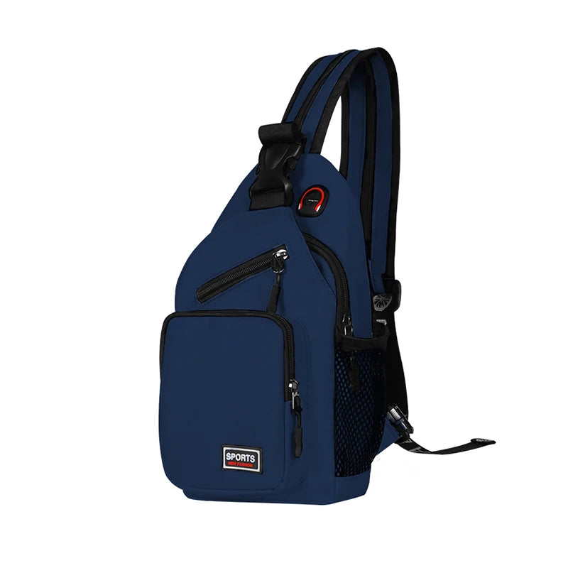 A navy blue multi-use adjustable chest and shoulder bag with a black strap and zippered compartments.