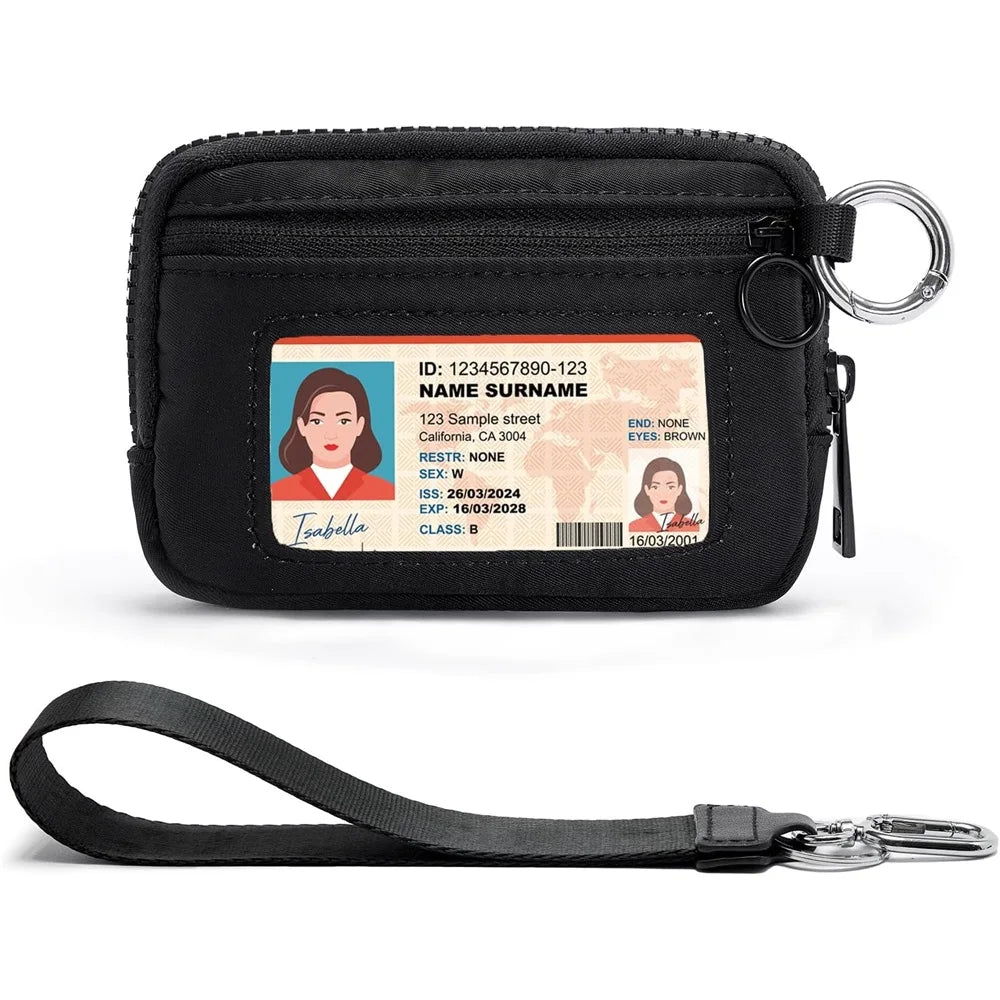 Black multi-functional zipper wallet with a keychain strap and identification details