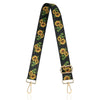 Black nylon crossbody bag strap with a yellow sunflower pattern and gold-tone hardware