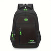 A black sporty backpack with green accents and a laptop compartment.
