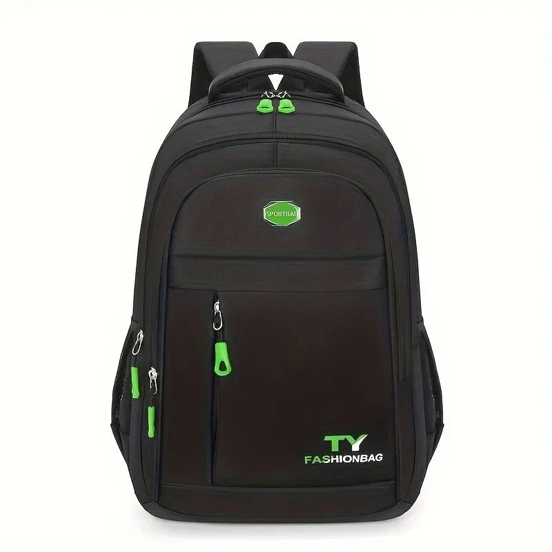 A black sporty backpack with green accents and a laptop compartment.