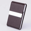 A dark brown PU leather business card holder with a silver accent strip.