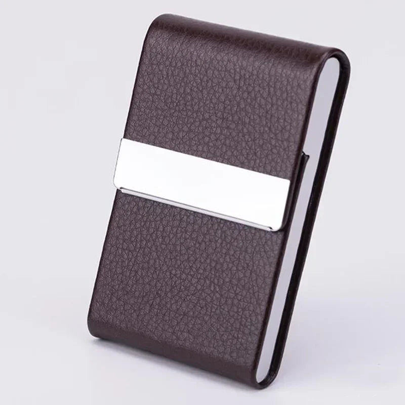 A dark brown PU leather business card holder with a silver accent strip.