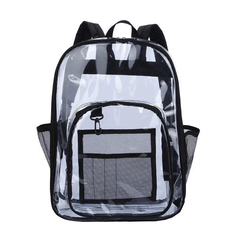 A clear waterproof backpack with black mesh pockets and straps.