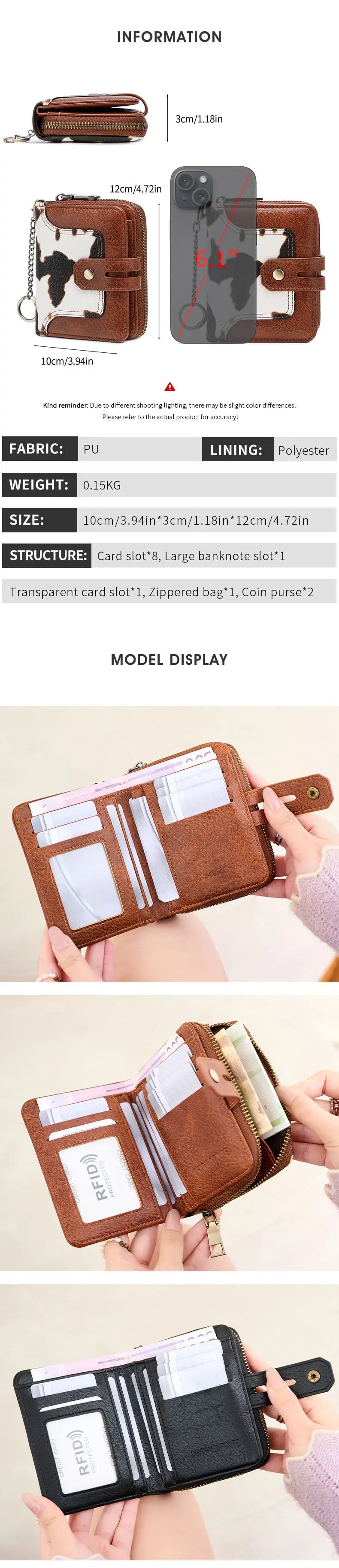 A brown RFID shielded bi-fold wallet with a zipper closure is shown in various displays.