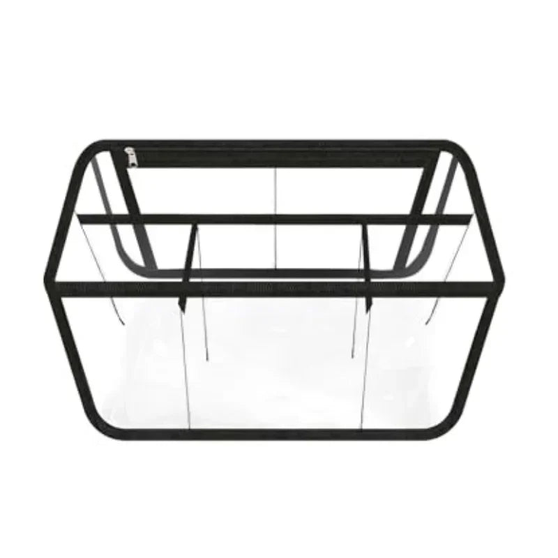 A clear waterproof beach bag organizer with dividers and a black frame.