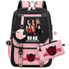 Pinkes und schwarzes Canvas-Rucksackset mit sechs weiblichen Figuren vorne