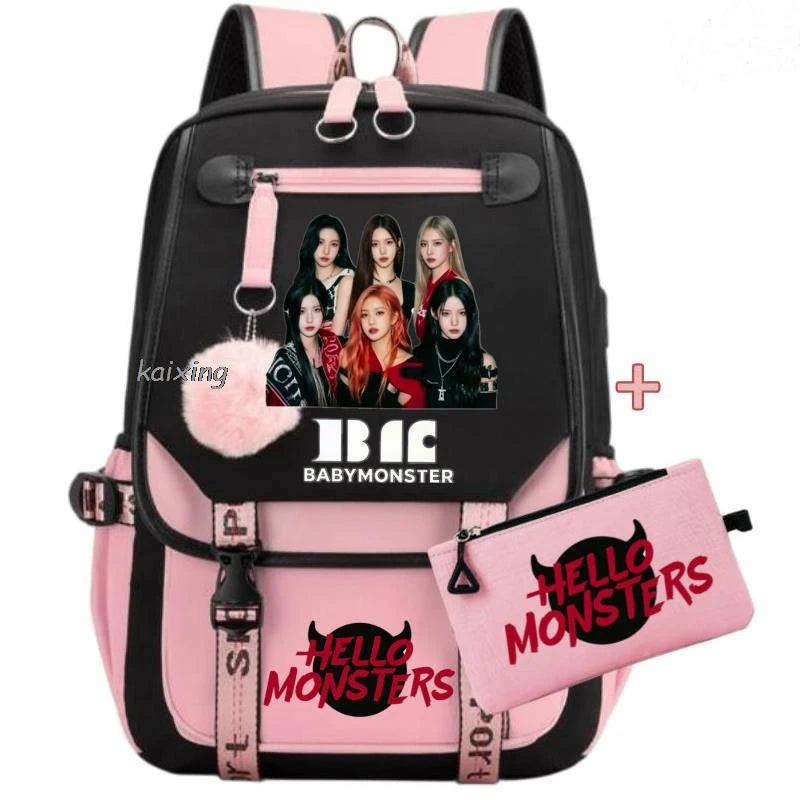 Pinkes und schwarzes Canvas-Rucksackset mit sechs weiblichen Figuren vorne