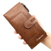 A brown leather wallet is held in a hand, showing its design and stitching.