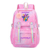 Pink Huntrix laptop backpack featuring a purple and yellow character design