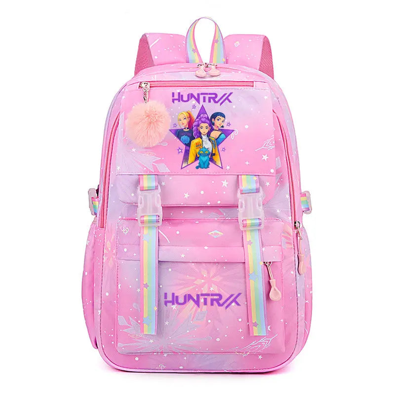 Pink Huntrix laptop backpack featuring a purple and yellow character design