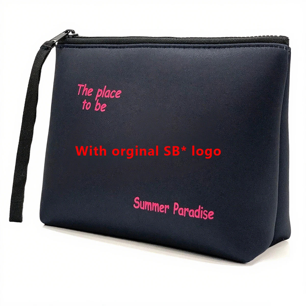 Bolsa de cosméticos impermeable de neopreno azul oscuro con texto rosa 'The place to be' y logo original SB Summer Paradise