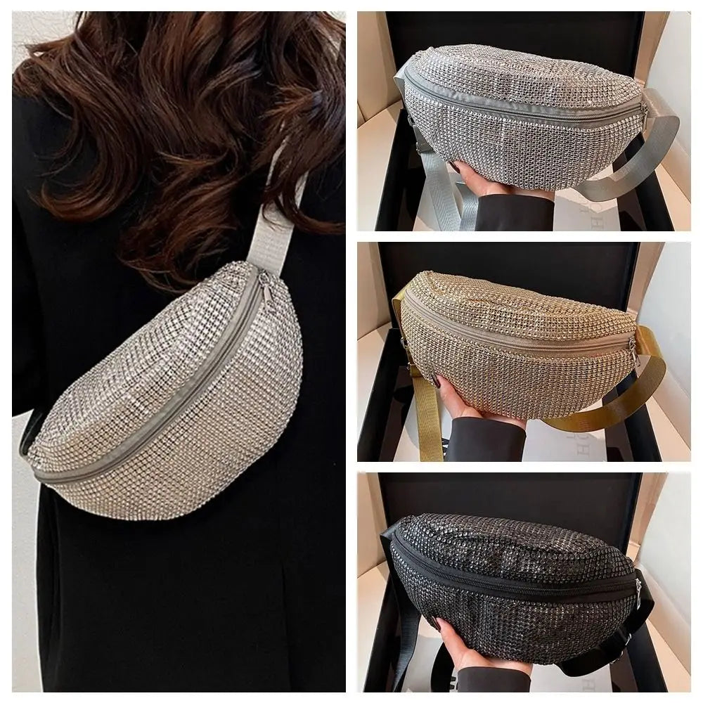 A silver rhinestone-embellished crossbody waist bag shown in various angles against a black background.