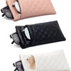 Three elegant PU leather glasses cases in pink, black, and white diamond quilted storage bags.