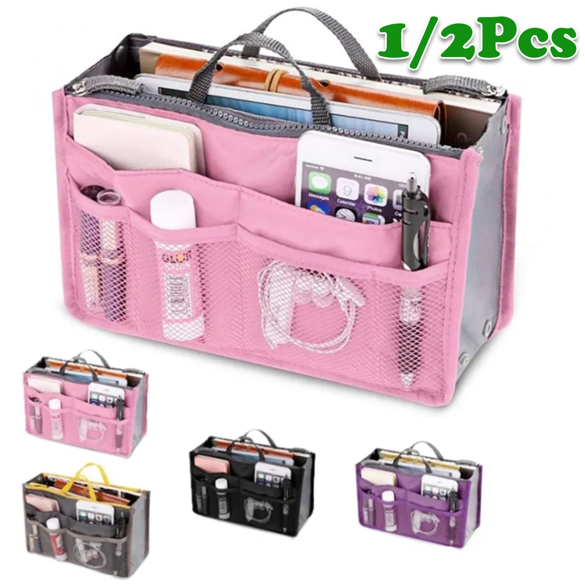 A pink multi-pocket organizer tote bag filled with various cosmetic and essential items.
