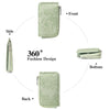 A light green ladies zip coin purse featuring a floral pattern shown from the front, side, back, and bottom angles.