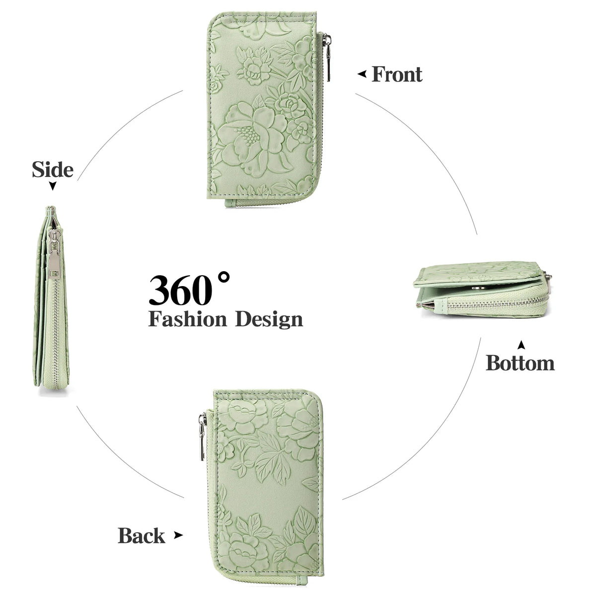 A light green ladies zip coin purse featuring a floral pattern shown from the front, side, back, and bottom angles.