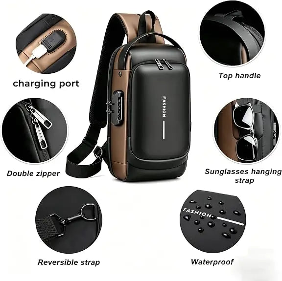 Bolso cruz multifuncional negro y marrón con asa superior, cremallera doble y correa reversible a prueba de agua