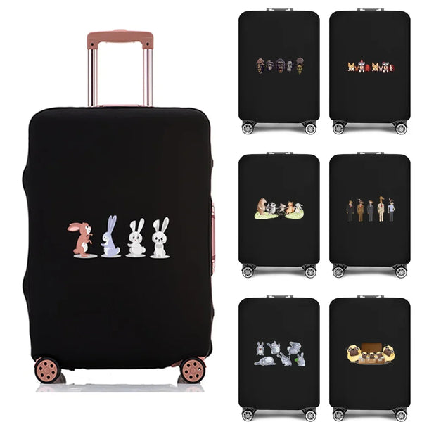 Black elastic luggage cover with a cartoon print featuring various animal characters.