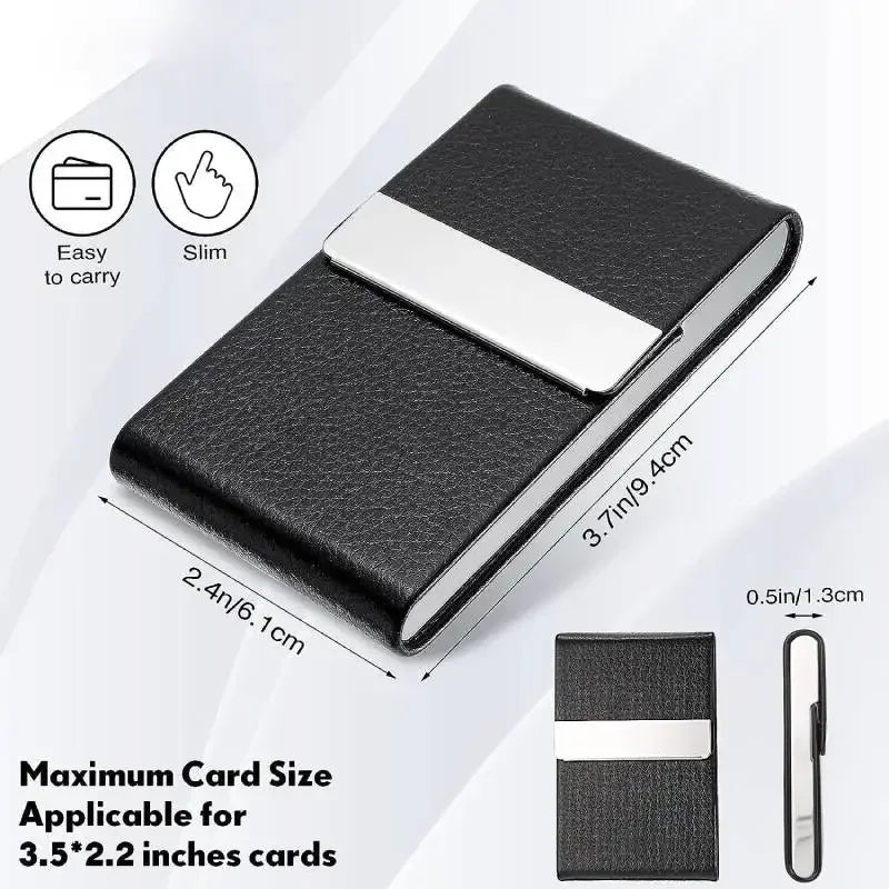 Black PU leather business card holder with a silver accent, shown in a top-down view.