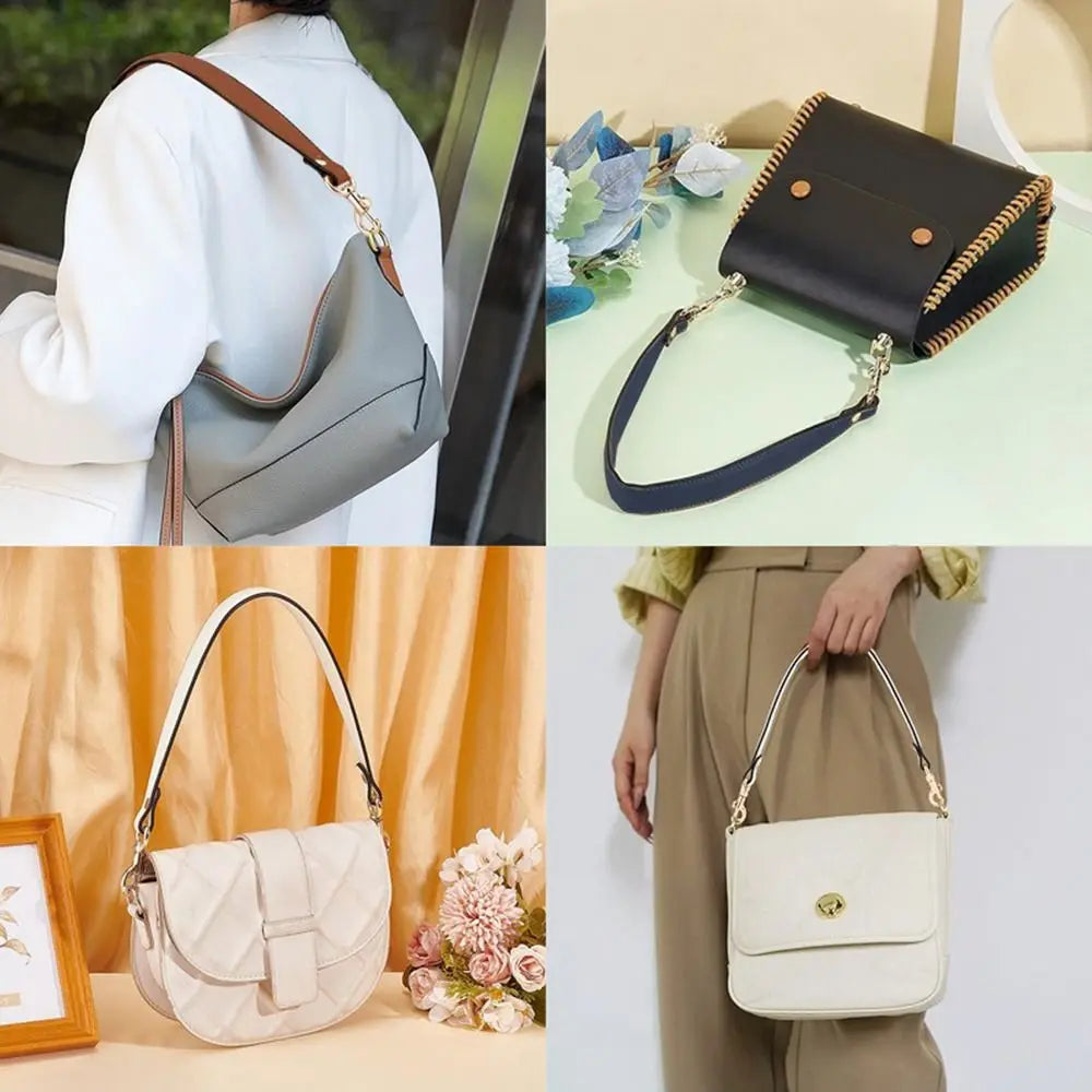 A collection of elegant black and beige PU leather detachable strap handbags shown in various angles.