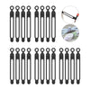 A set of black silicone cable ties and cord organizers shown in various configurations.