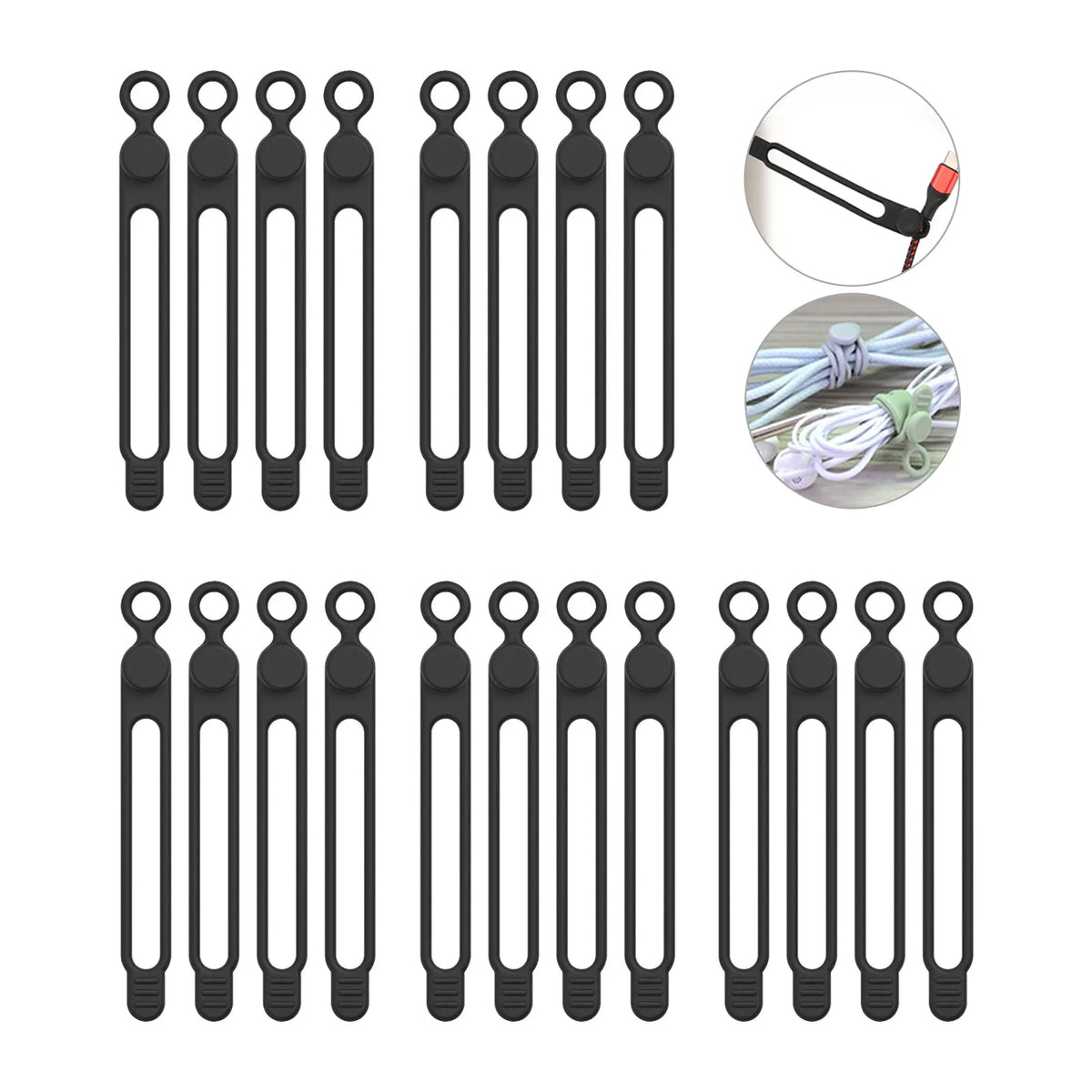 A set of black silicone cable ties and cord organizers shown in various configurations.