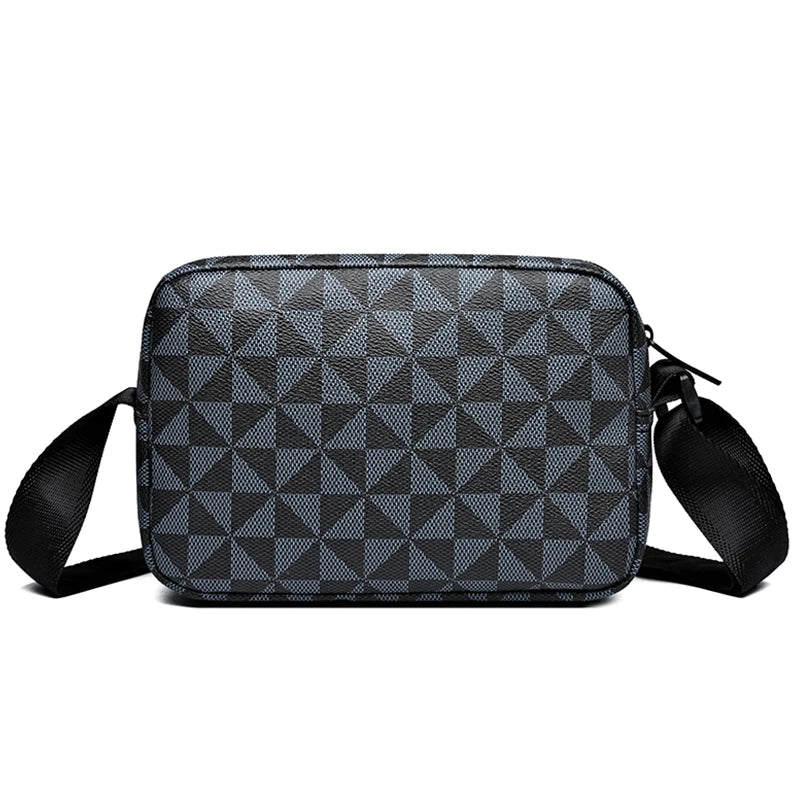 Black men's PU leather shoulder bag with a wide strap featuring a geometric pattern.