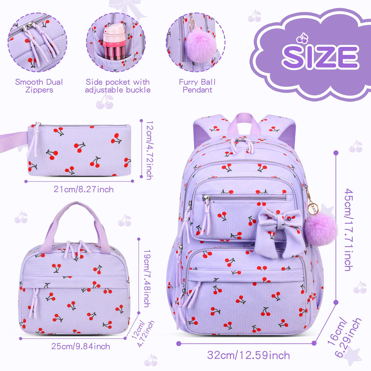 Lila Samtrucksack-Set mit doppelten Reißverschlüssen, einer Seitentasche und einem pelzigen Ballanhänger.