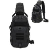 Black tactical chest bag or sling pack with adjustable straps and camouflage pattern