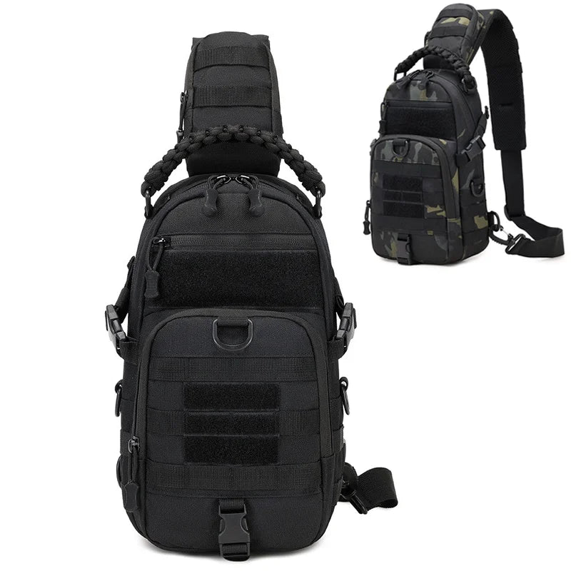 Black tactical chest bag or sling pack with adjustable straps and camouflage pattern