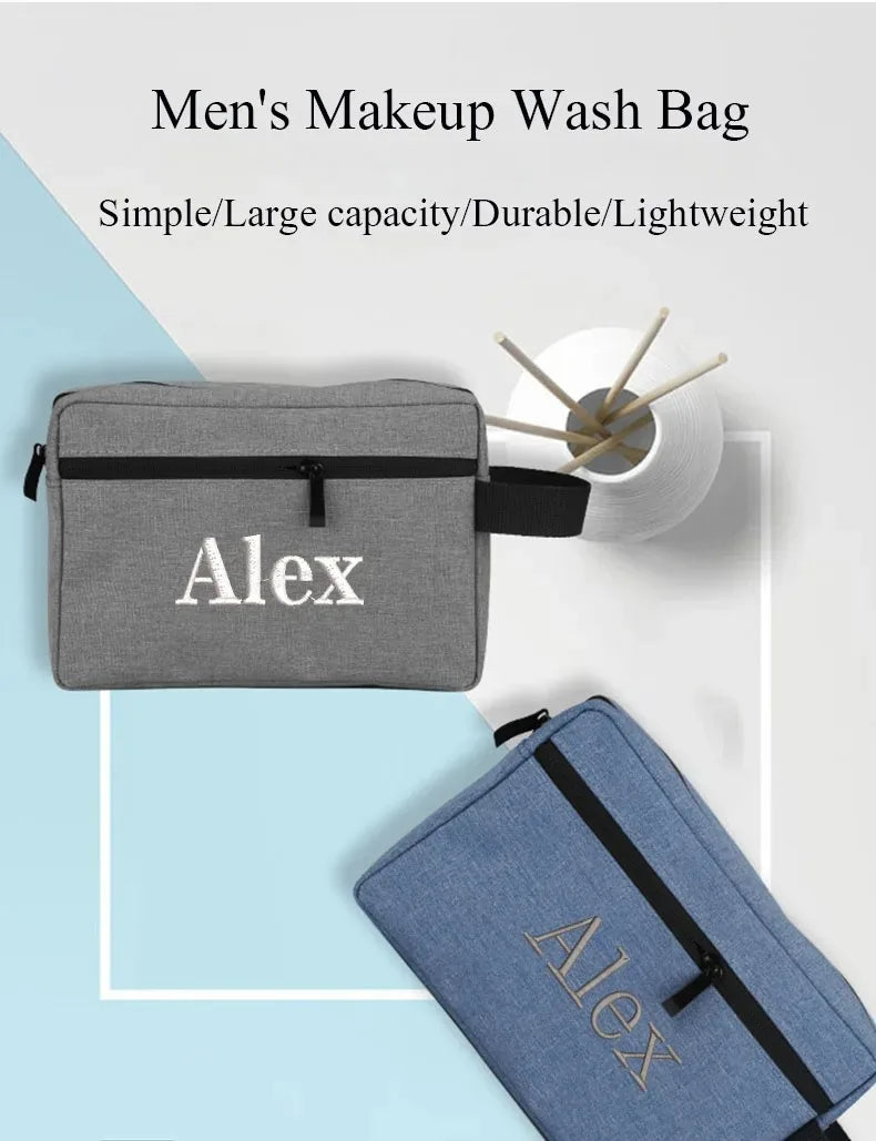 A gray makeup wash bag embroidered with the name Alex is shown next to a white rolled towel.