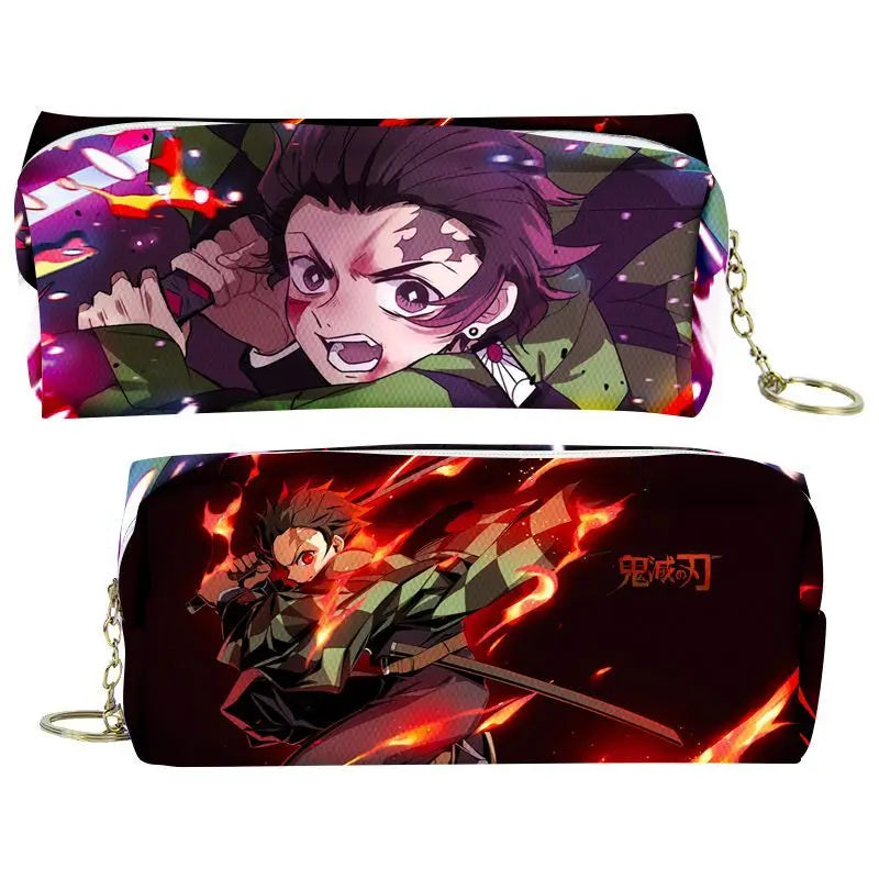 A pair of Demon Slayer themed PU leather pencil cases featuring artwork from the series.