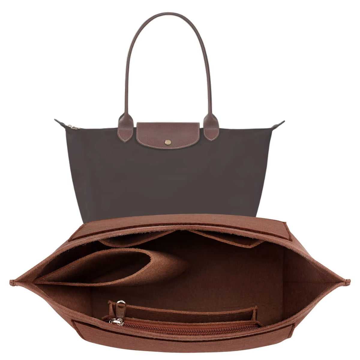 A dark brown felt insert bag designed to organize a handbag.